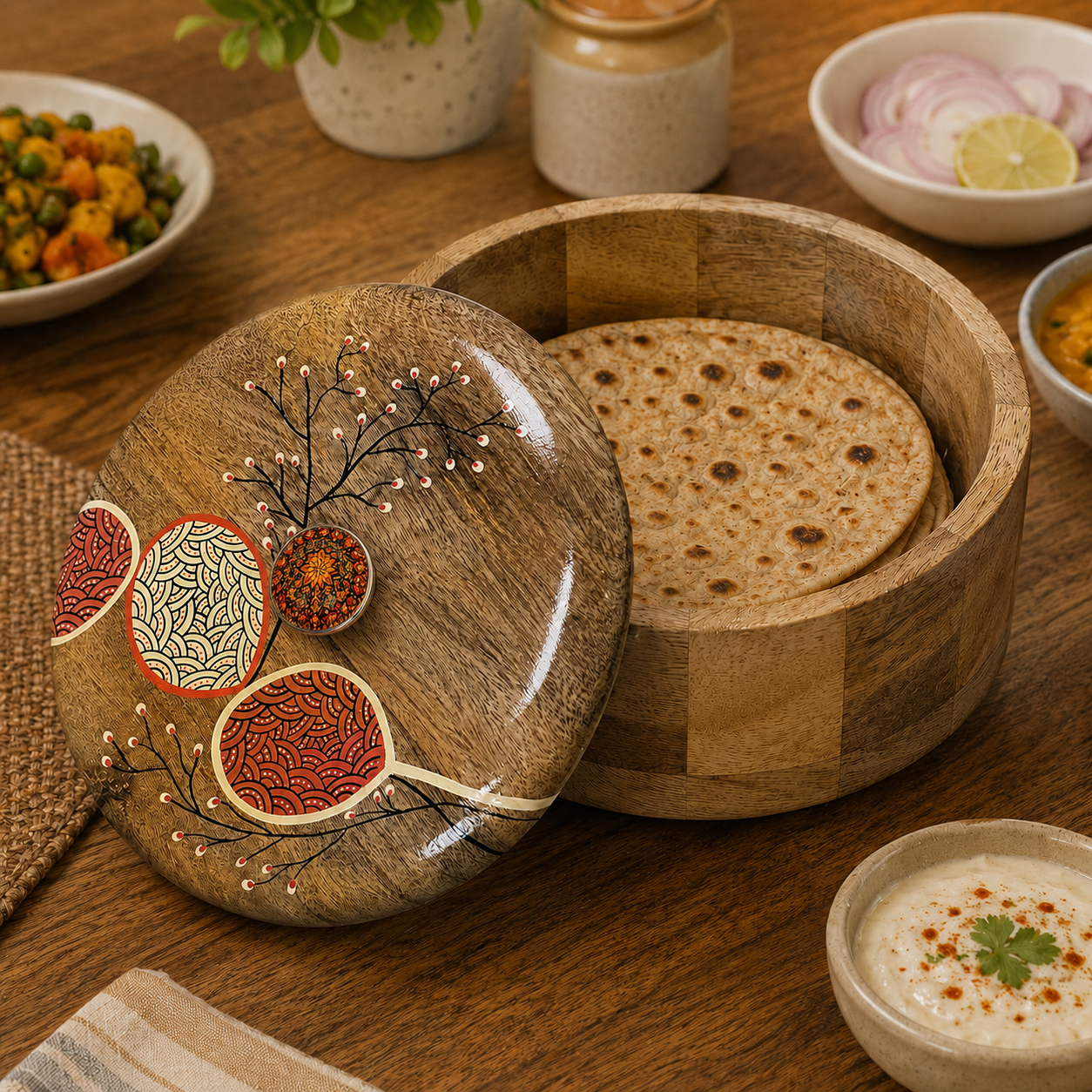 Artysta Handpainted Wooden Chapati Box with Lid (Mango Wood, 8 inch, 1080 ml)