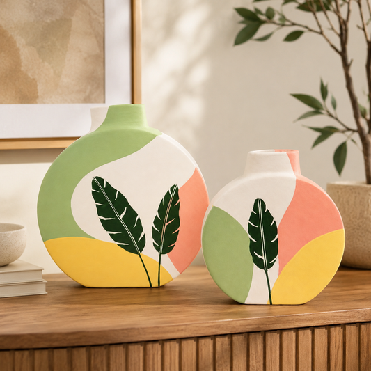 ‘Leaf Rounds’ Terracotta Flower Vase In Multicolor, Set of 2