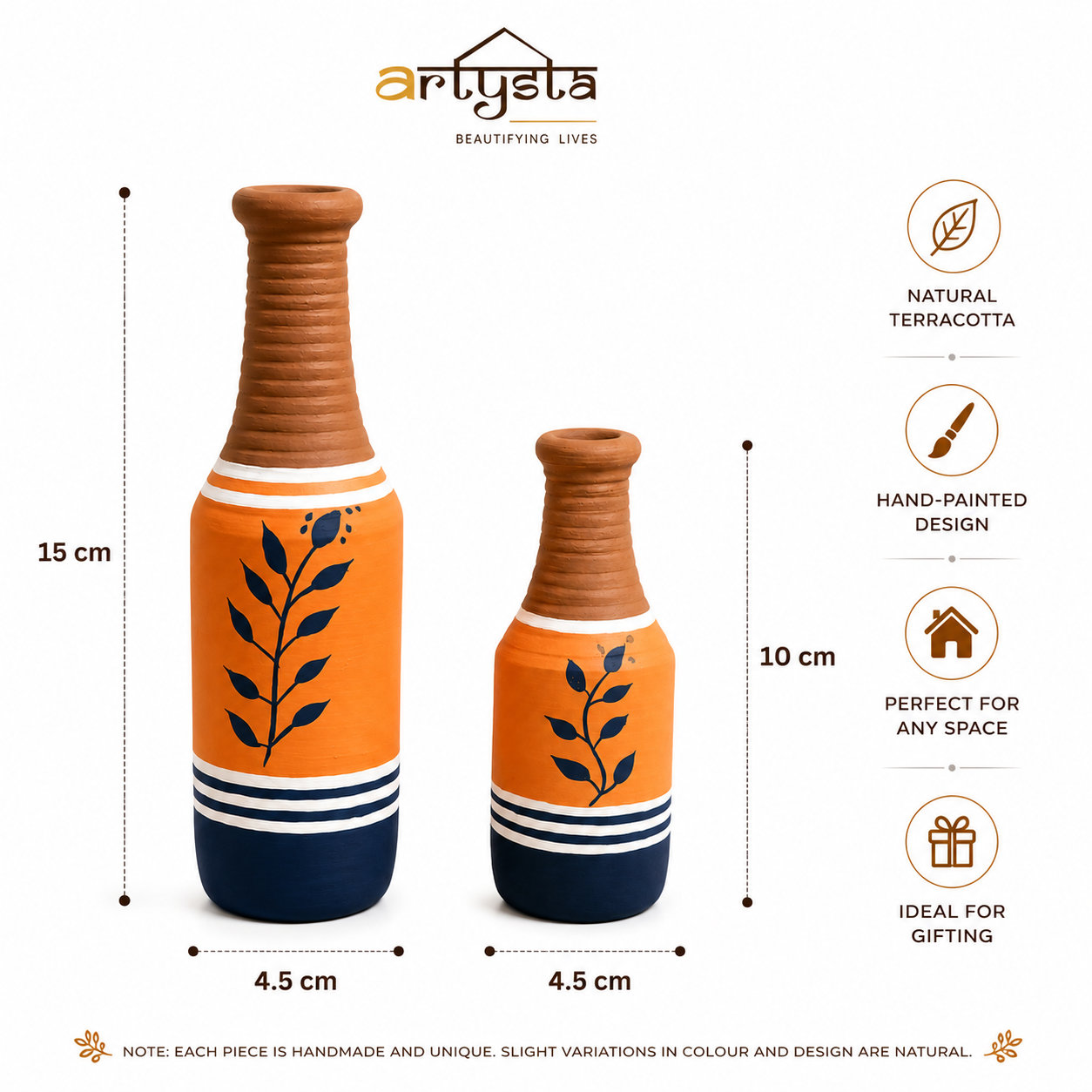 Artysta 'Earth Leaf' Small Hand-Painted Terracotta Dry Flowers Pots (Set of 2)