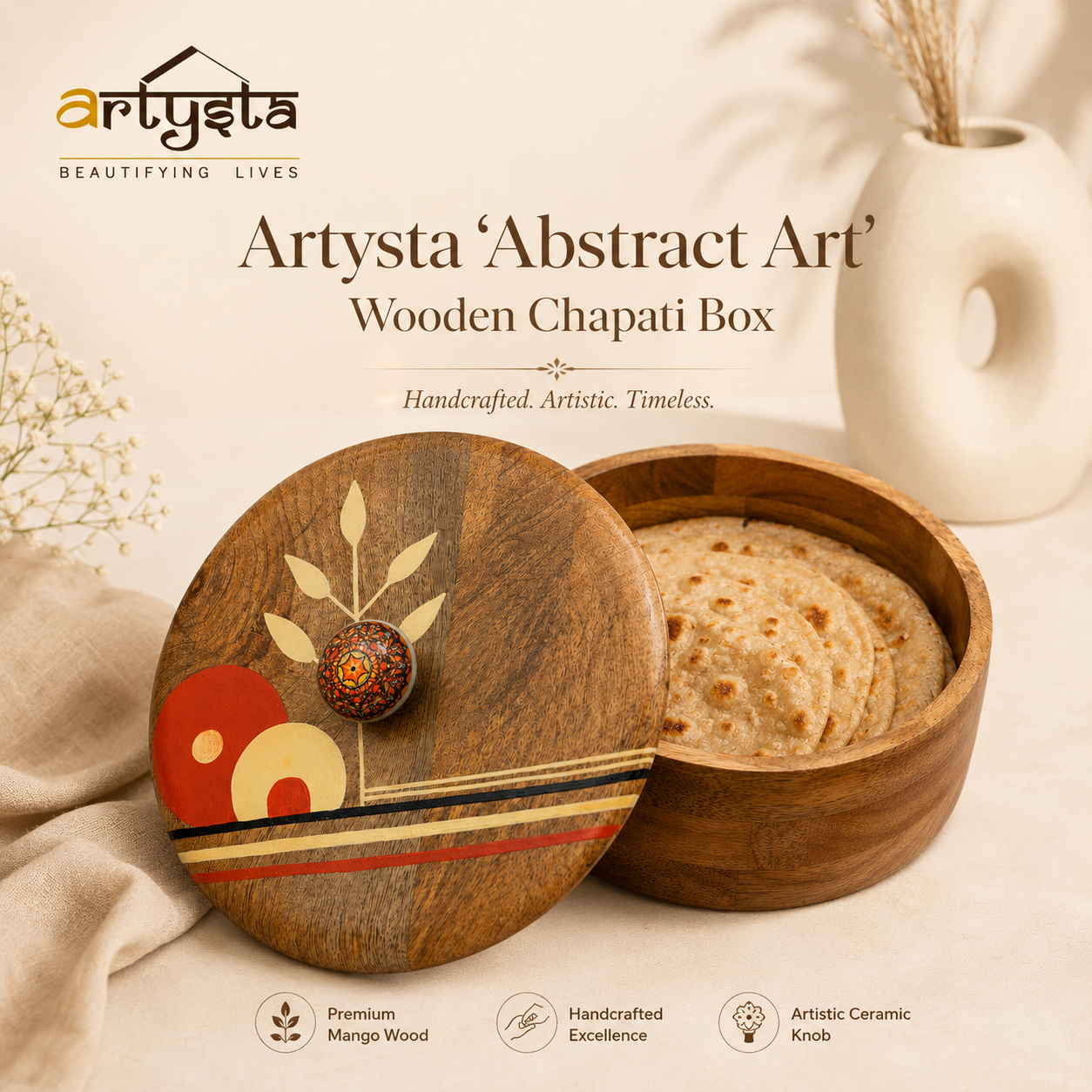 Artysta Handpainted Wooden Chapati Box with Lid (Mango Wood, 8 inch, 1080 ml)