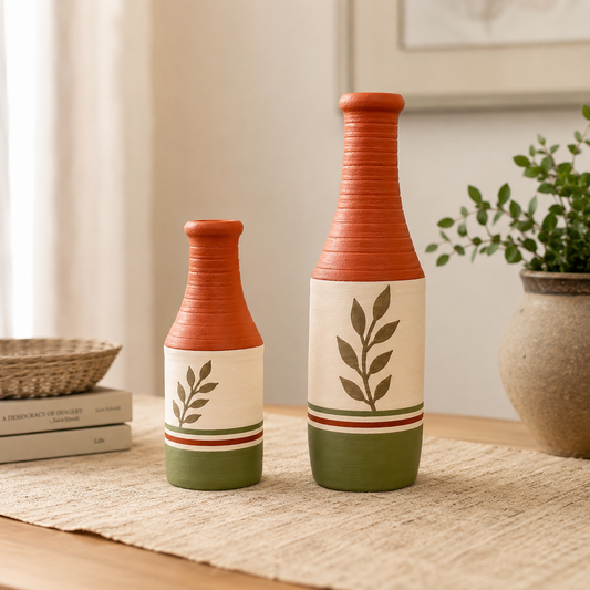 Artysta 'Olive Leaf' Small Hand-Painted Terracotta Dry Flowers Pots (Set of 2)
