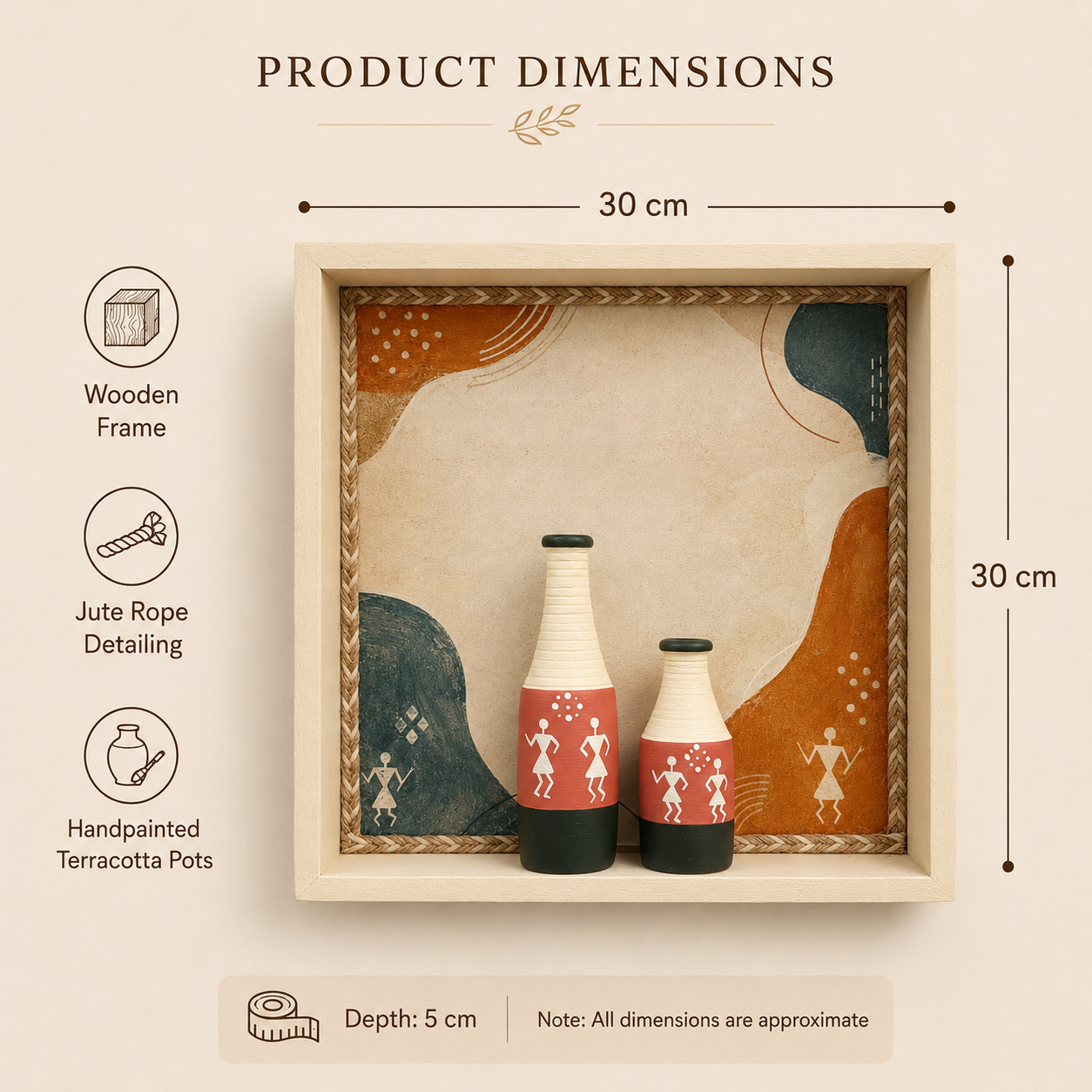 Artysta 'Warli' Vase with Wooden Frame | Vases For Home Decoration | Wall Hanging Decoration | Small Vases For Decor | Housewarming Gifts (30 x 30 x 6 cm)