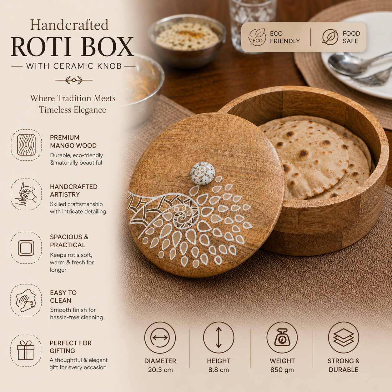 Artysta 'White Peacock' Wooden Chapati Box | Wooden Casserole For Roti | Chapati Box For Kitchen | Roti Box with Lid | Housewarming Gifts | Handpainted Roti Box | Mango Wood 8inch, 1080ml