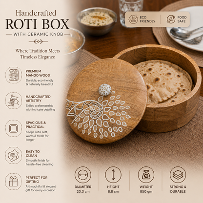 Artysta 'White Peacock' Wooden Chapati Box | Wooden Casserole For Roti | Chapati Box For Kitchen | Roti Box with Lid | Housewarming Gifts | Handpainted Roti Box | Mango Wood 8inch, 1080ml
