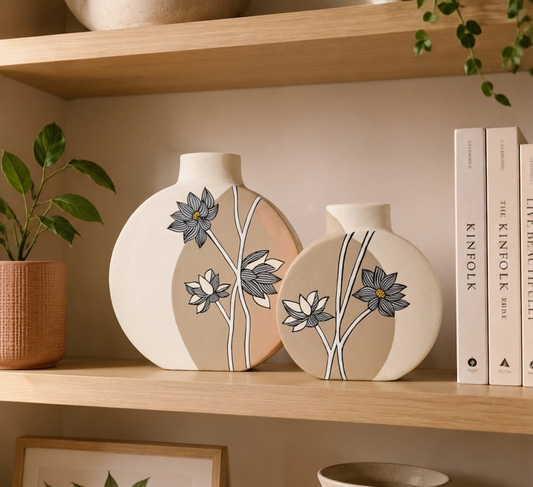 ‘Lotus’ Terracotta Dry Flower Vase In Light Brown & White, Set of 2