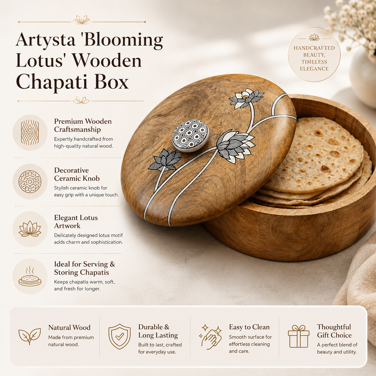 Artysta 'Blooming Lotus' Wooden Chapati Box | Wooden Casserole For Roti | Chapati Box For Kitchen | Roti Box with Lid | Housewarming Gifts | Handpainted Roti Box | Mango Wood 8inch, 1080ml