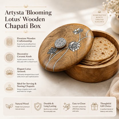 Artysta 'Blooming Lotus' Wooden Chapati Box | Wooden Casserole For Roti | Chapati Box For Kitchen | Roti Box with Lid | Housewarming Gifts | Handpainted Roti Box | Mango Wood 8inch, 1080ml