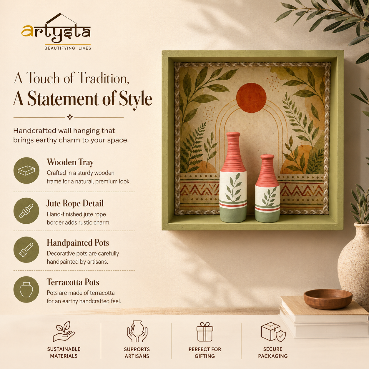Artysta ' Olive Leaf ' Hand Painted Terracotta Vase with Wooden Frame | Vase for Home Decor | Wall Hanging Decoration | Terracotta Décor Items | Wooden Frame (30 x 30 x 6Cm)