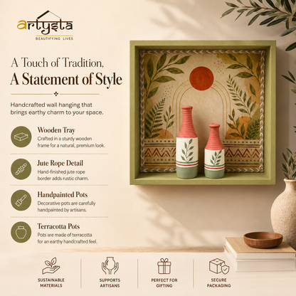 Artysta ' Olive Leaf ' Hand Painted Terracotta Vase with Wooden Frame | Vase for Home Decor | Wall Hanging Decoration | Terracotta Décor Items | Wooden Frame (30 x 30 x 6Cm)