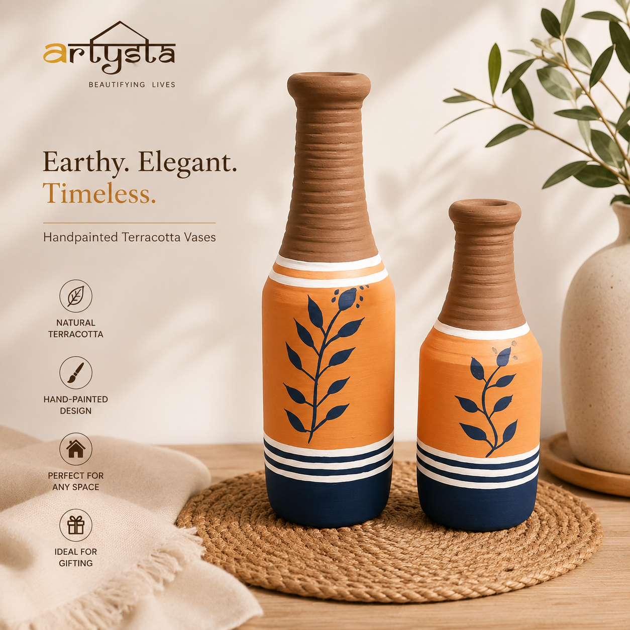Artysta 'Earth Leaf' Small Hand-Painted Terracotta Dry Flowers Pots (Set of 2)