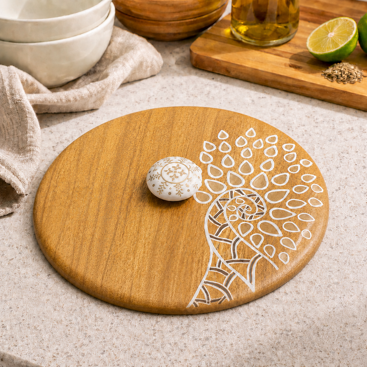 Artysta 'White Peacock' Wooden Chapati Box | Wooden Casserole For Roti | Chapati Box For Kitchen | Roti Box with Lid | Housewarming Gifts | Handpainted Roti Box | Mango Wood 8inch, 1080ml