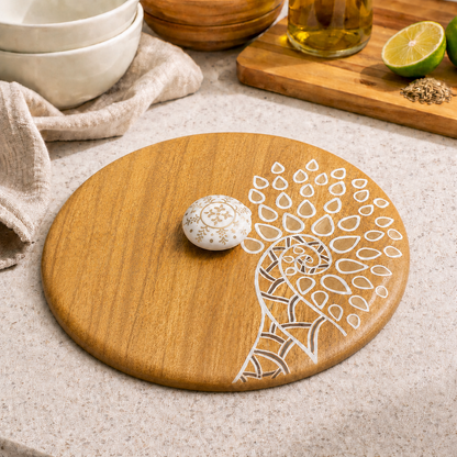 Artysta 'White Peacock' Wooden Chapati Box | Wooden Casserole For Roti | Chapati Box For Kitchen | Roti Box with Lid | Housewarming Gifts | Handpainted Roti Box | Mango Wood 8inch, 1080ml