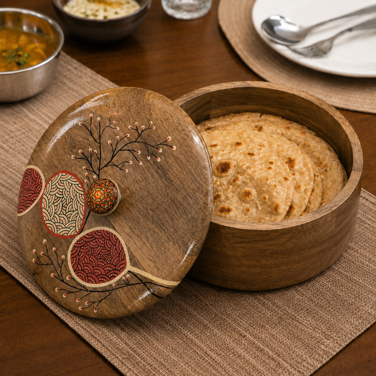 Artysta 'Cherry Blossom' Wooden Chapati Box | Wooden Casserole For Roti | Chapati Box For Kitchen | Roti Box with Lid | Housewarming Gifts | Handpainted Roti Box | Mango Wood 8inch, 1080ml