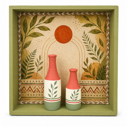 Artysta ' Olive Leaf ' Hand Painted Terracotta Vase with Wooden Frame | Vase for Home Decor | Wall Hanging Decoration | Terracotta Décor Items | Wooden Frame (30 x 30 x 6Cm)