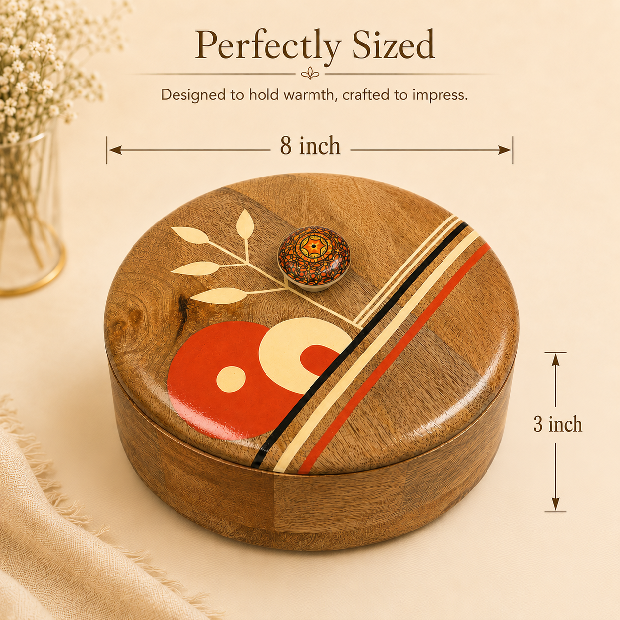 Artysta Handpainted Wooden Chapati Box with Lid (Mango Wood, 8 inch, 1080 ml)