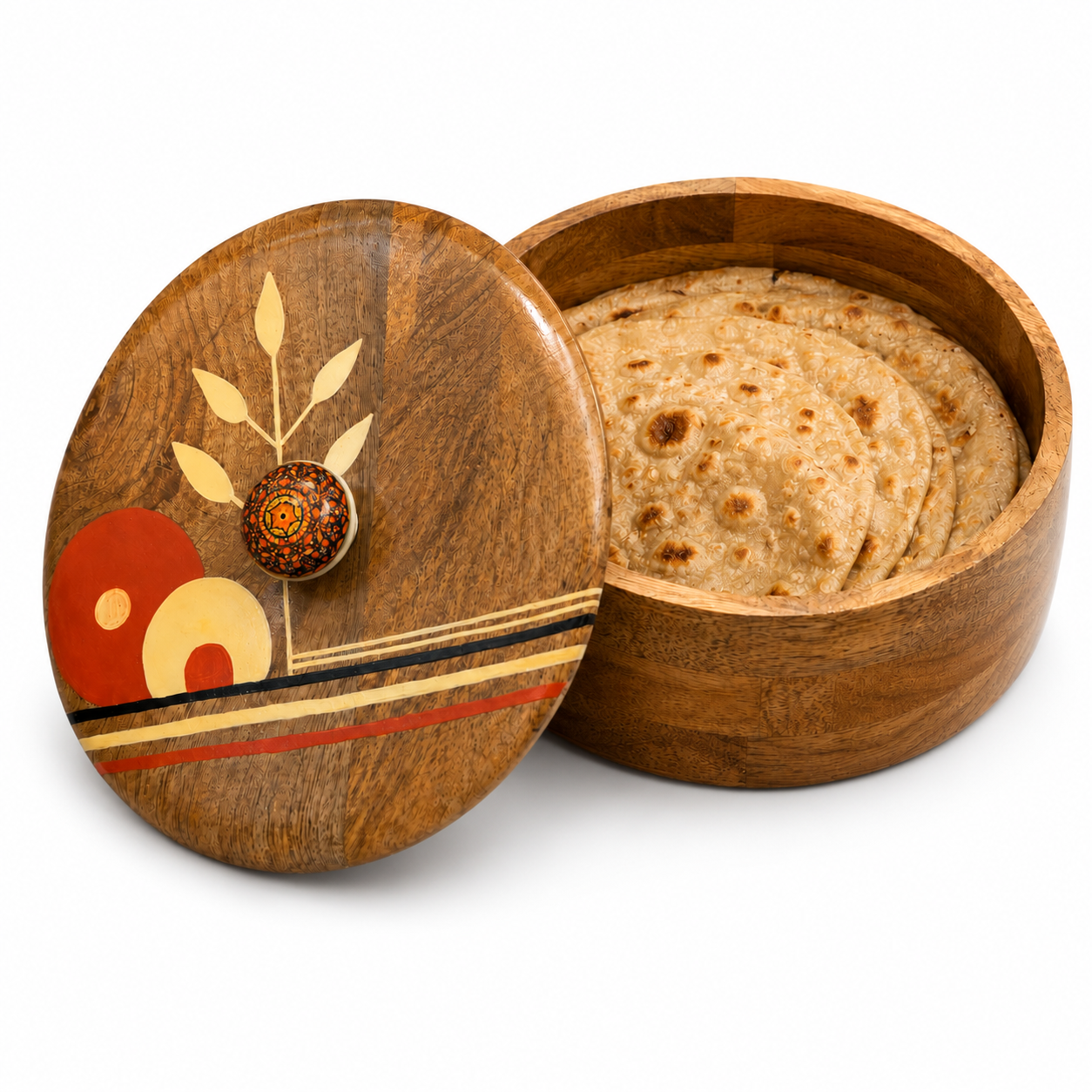 Artysta Handpainted Wooden Chapati Box with Lid (Mango Wood, 8 inch, 1080 ml)
