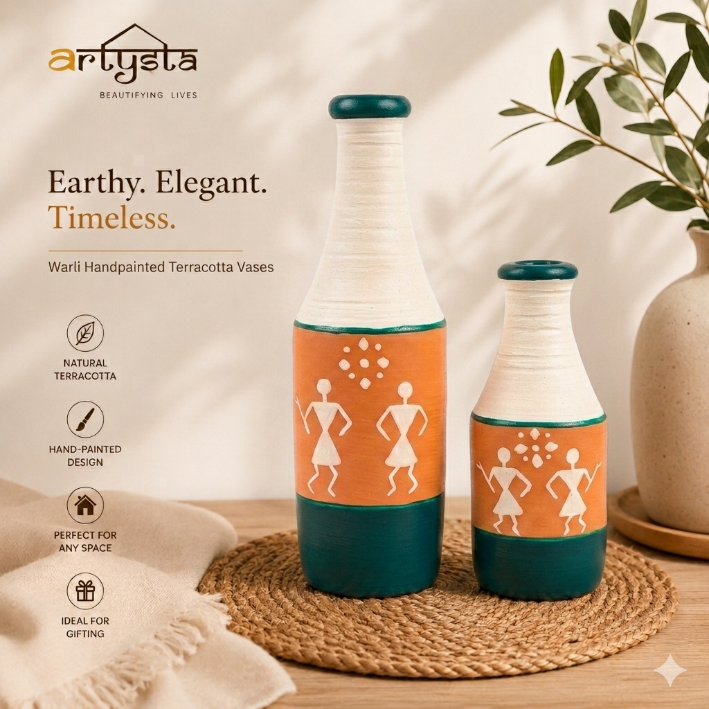 Artysta 'Warli' Small Hand-Painted Terracotta Dry Flowers Pots (Set of 2)