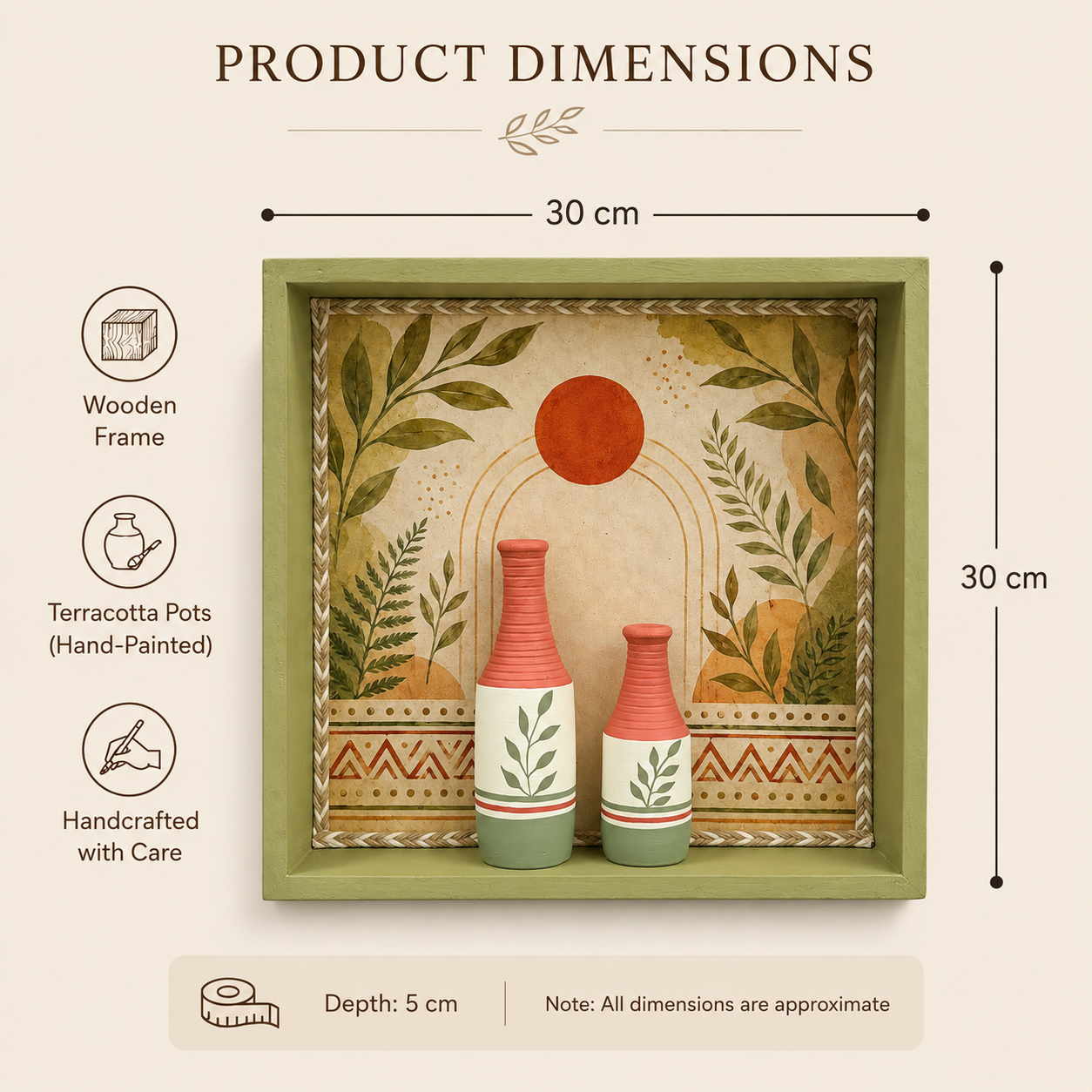 Artysta ' Olive Leaf ' Hand Painted Terracotta Vase with Wooden Frame | Vase for Home Decor | Wall Hanging Decoration | Terracotta Décor Items | Wooden Frame (30 x 30 x 6Cm)
