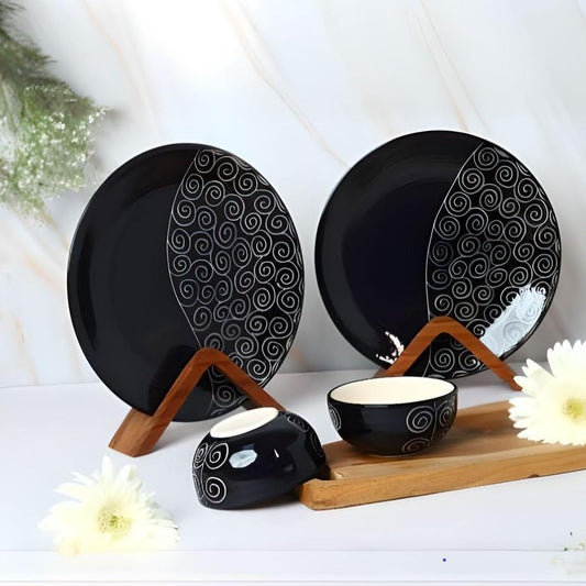 'Creeping Vine' Black Ceramic Dinner Plate and Veg Bowls, 4 Piece