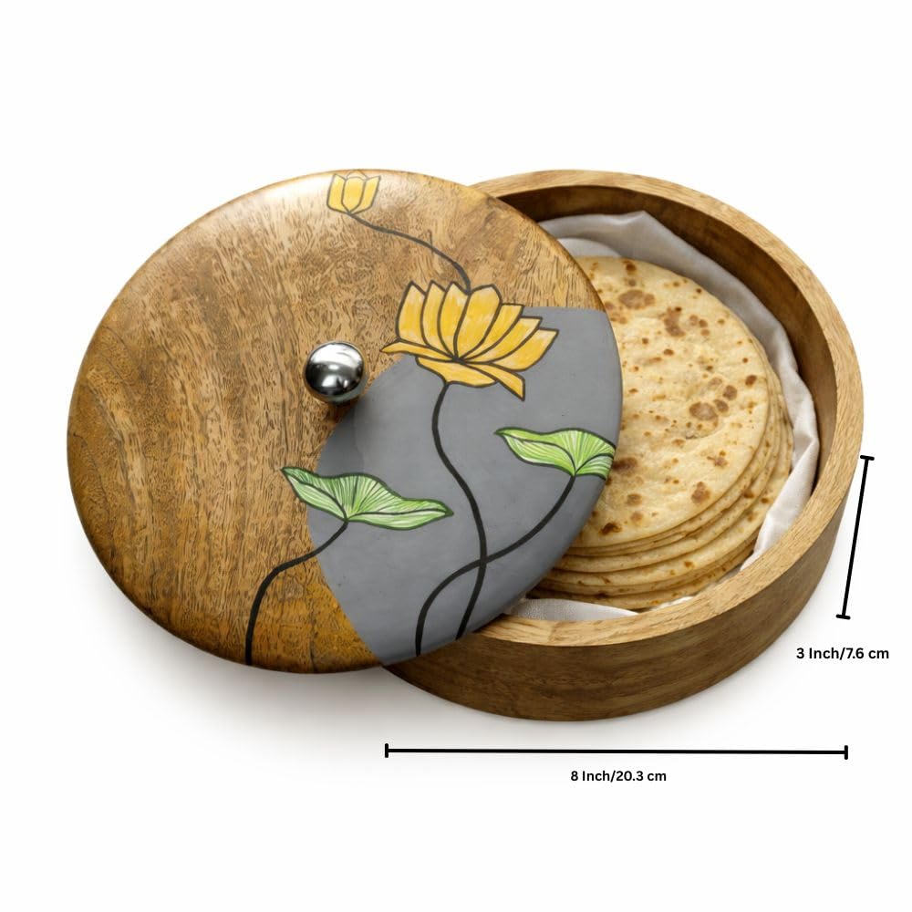 Artysta 'Floating Lotus' Wooden Chapati Box | Wooden Casserole For Roti | Chapati Box For Kitchen | Roti Box with Lid | Housewarming Gifts | Handpainted Roti Box | Mango Wood 8inch, 1080ml