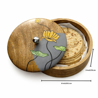 Artysta 'Floating Lotus' Wooden Chapati Box | Wooden Casserole For Roti | Chapati Box For Kitchen | Roti Box with Lid | Housewarming Gifts | Handpainted Roti Box | Mango Wood 8inch, 1080ml
