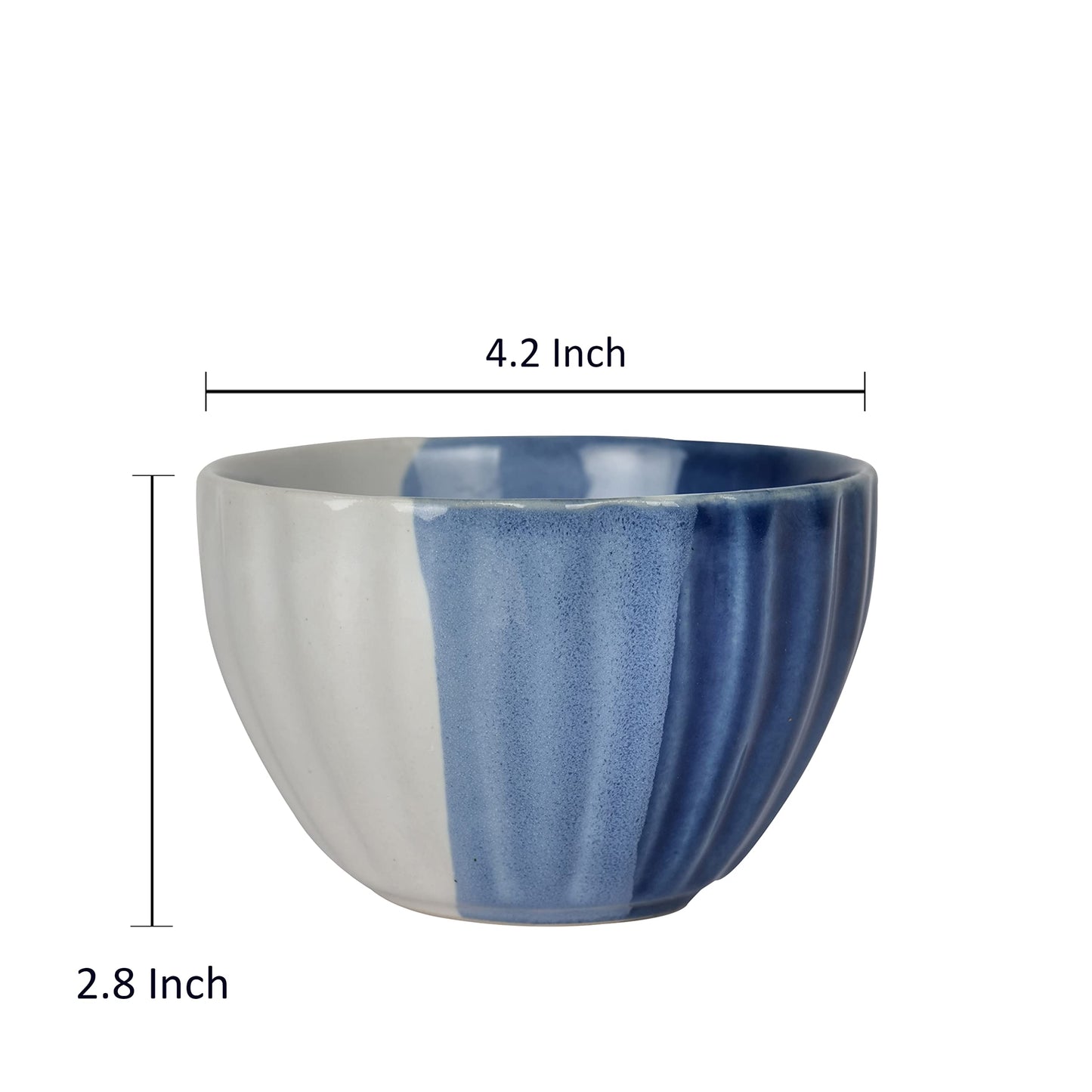 'Treble Blue Ridged' Ceramic Dining Bowls (Set of 4, 300 ml)