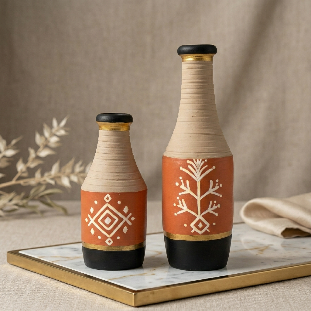 Artysta 'Indian Art' Small Hand-Painted Terracotta Dry Flowers Pots (Set of 2)
