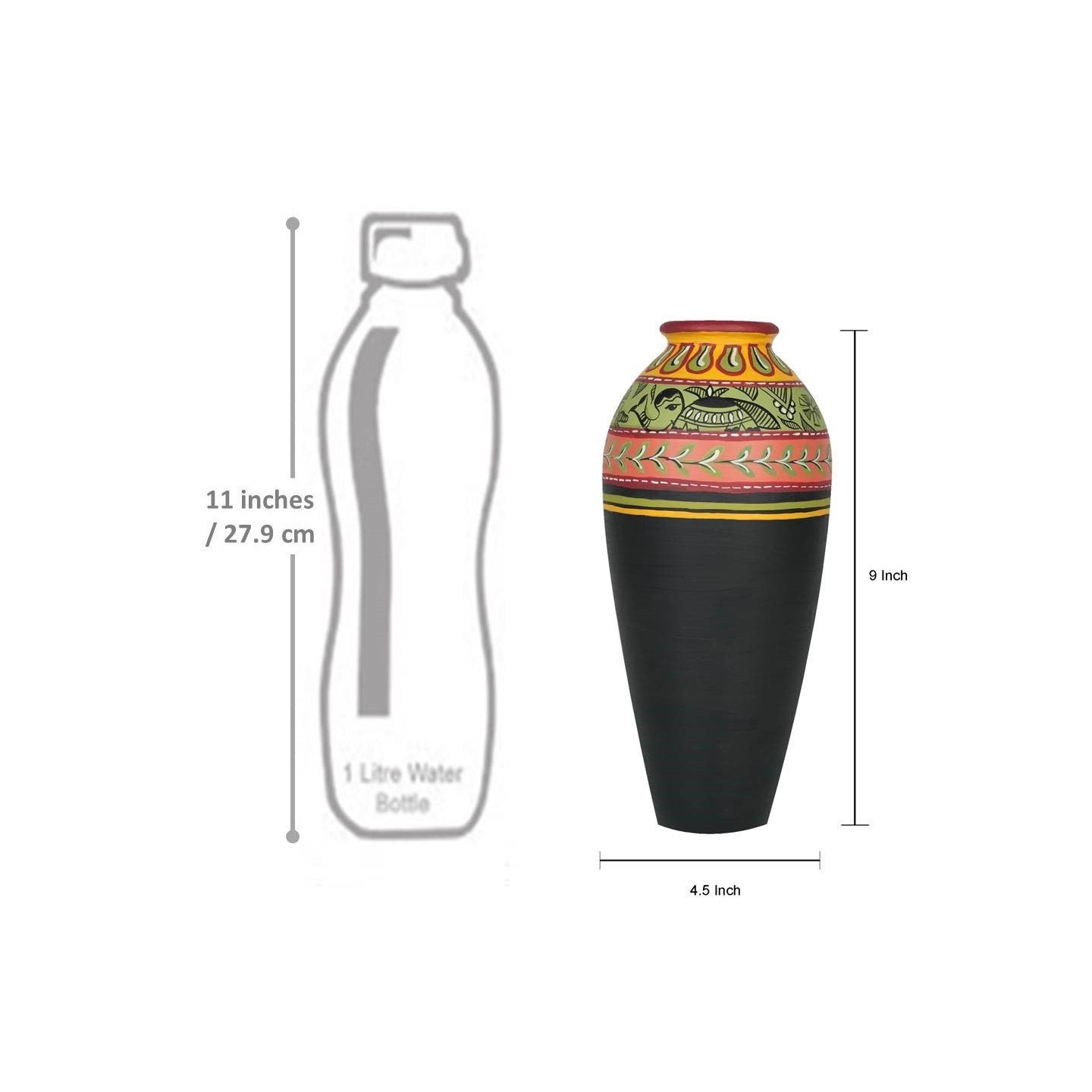 'Madhubani Border' Black Hand-Painted Terracotta Vase, Single