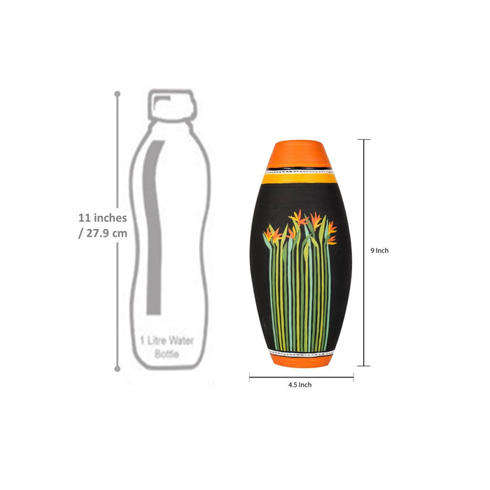 'Tropical Meadows' Terracotta Handpainted Vase In Black Color, 9 Inch