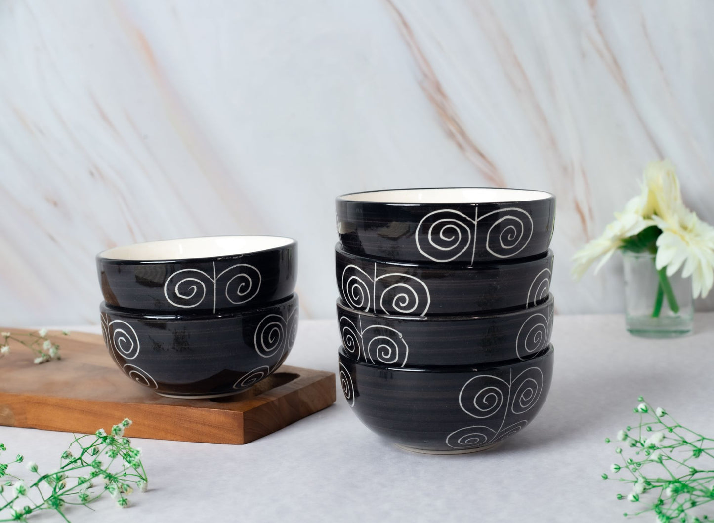 'Creeping Vine' Black Ceramic Veg Serving Bowl 150 ml (Set of 6)