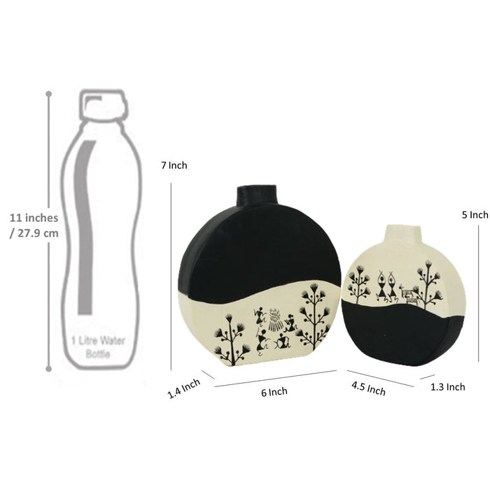 ‘Warli Rounds’ Terracotta Flower Vase In Black & White, Set of 2