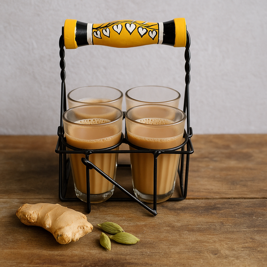 Premium Cutting Chai Glass Set of 4 with Stand