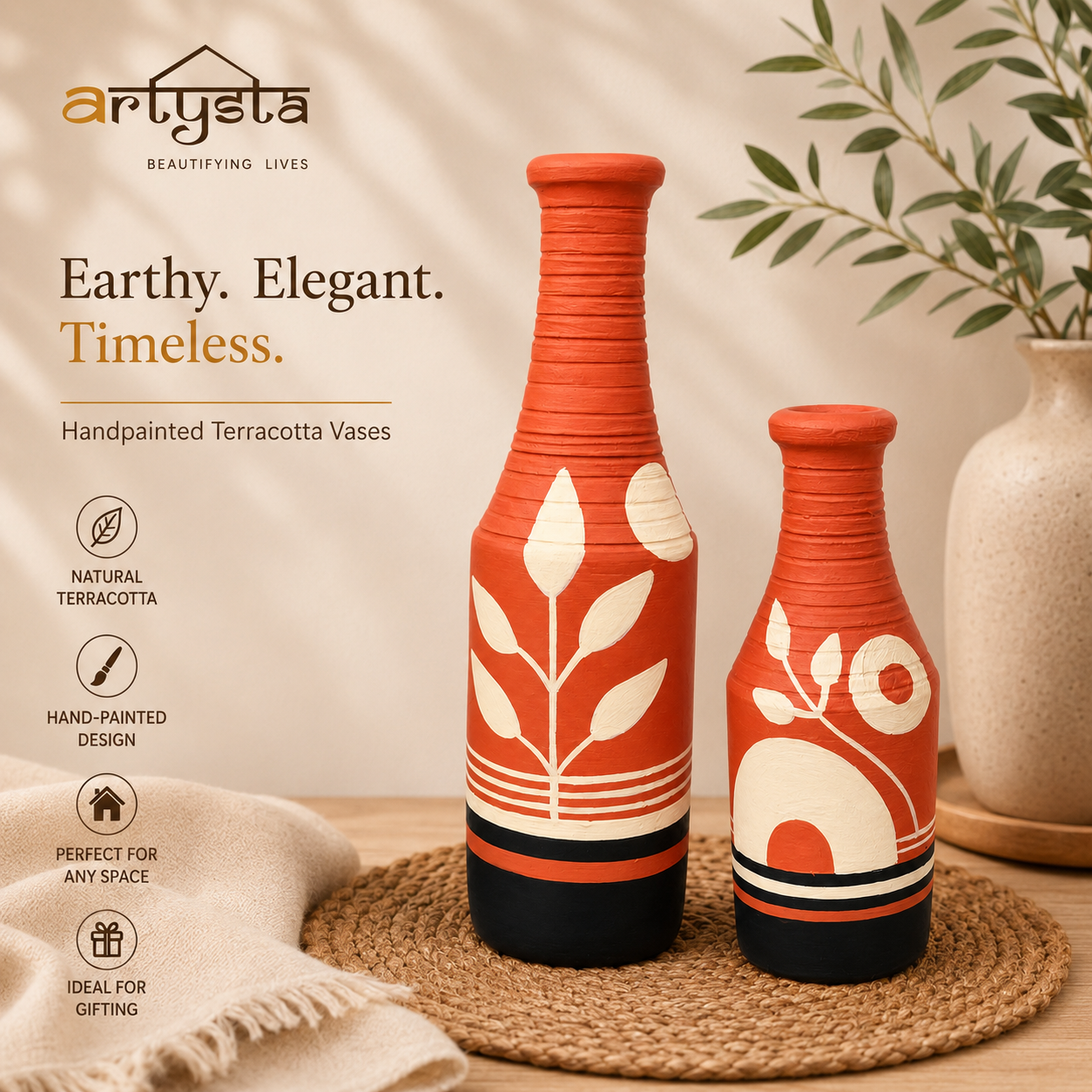 Artysta 'Abstract Art' Small Hand-Painted Terracotta Dry Flowers Pots (Set of 2)