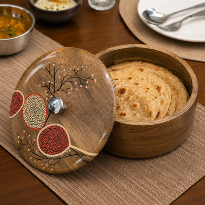 Artysta Handpainted Wooden Chapati Box with Lid (Mango Wood, 8 inch, 1080 ml)