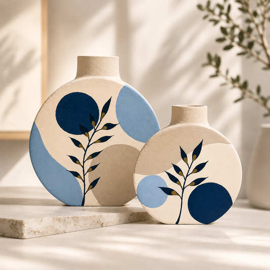 ‘Modern Art Rounds’ Terracotta Flower Vase In Blue, Set of 2