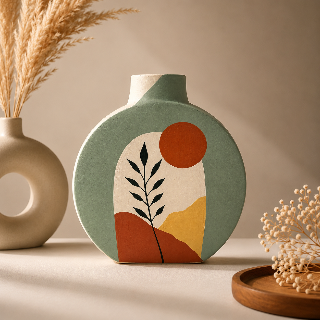Artysta 'Green Boho Art' Hand-Painted Terracotta Vases Combo (Set of 2)