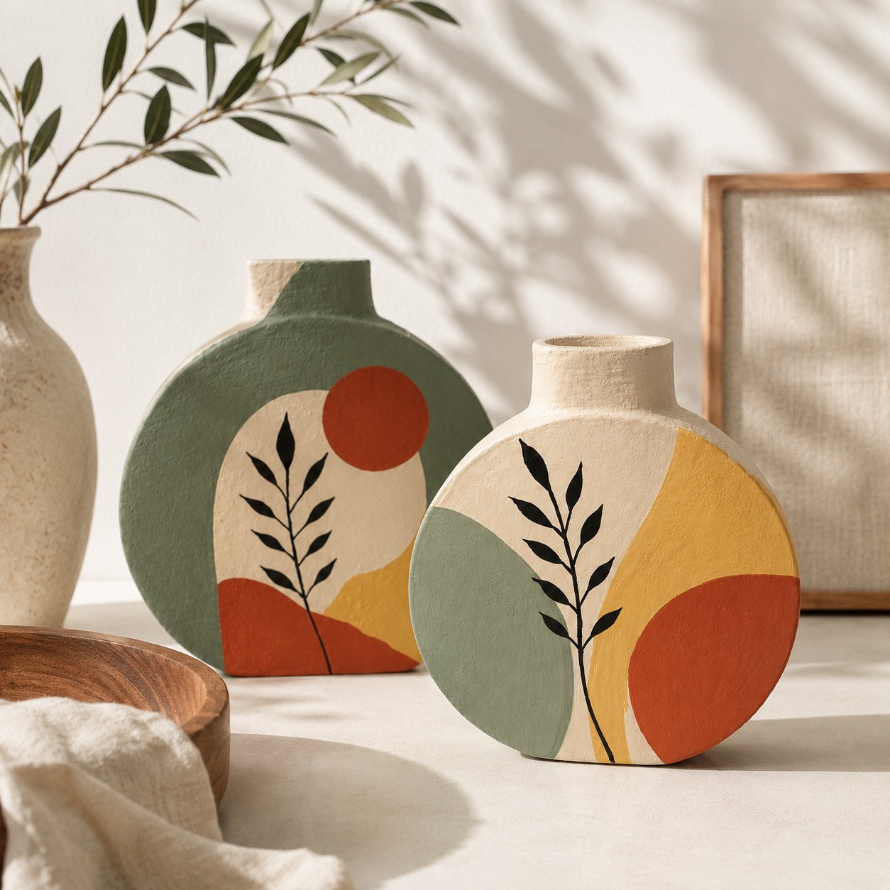 Artysta 'Green Boho Art' Hand-Painted Terracotta Vases Combo (Set of 2)