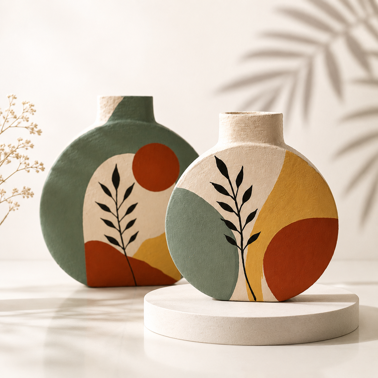 Artysta 'Green Boho Art' Hand-Painted Terracotta Vases Combo (Set of 2)