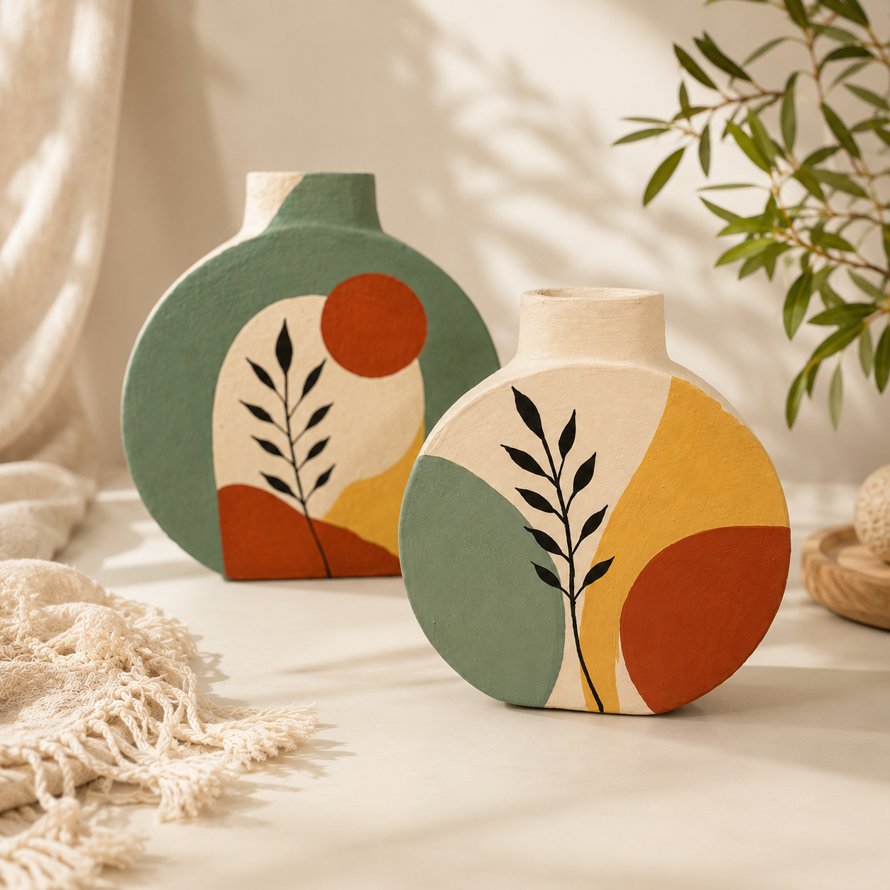 Artysta 'Green Boho Art' Hand-Painted Terracotta Vases Combo (Set of 2)