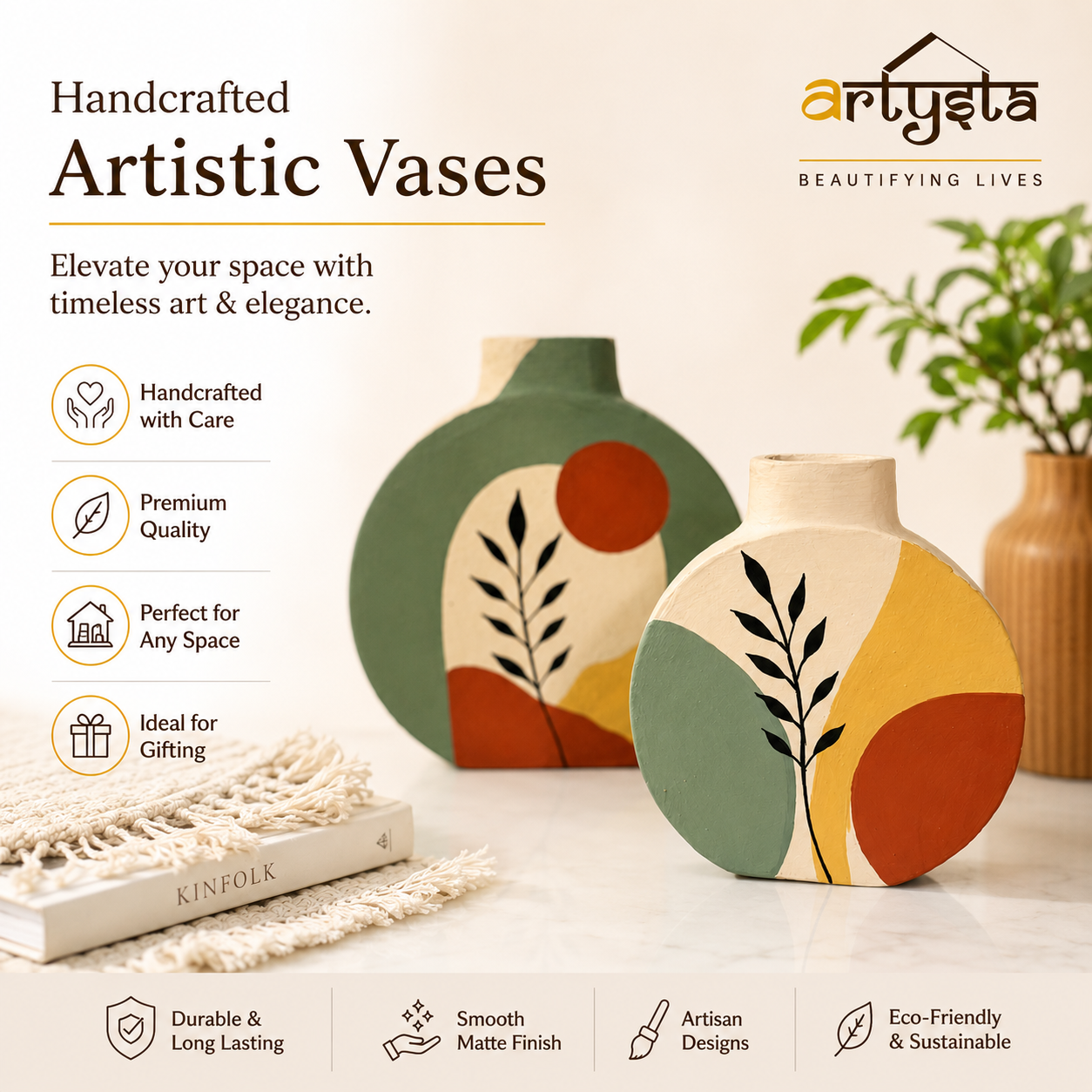 Artysta 'Green Boho Art' Hand-Painted Terracotta Vases Combo (Set of 2)