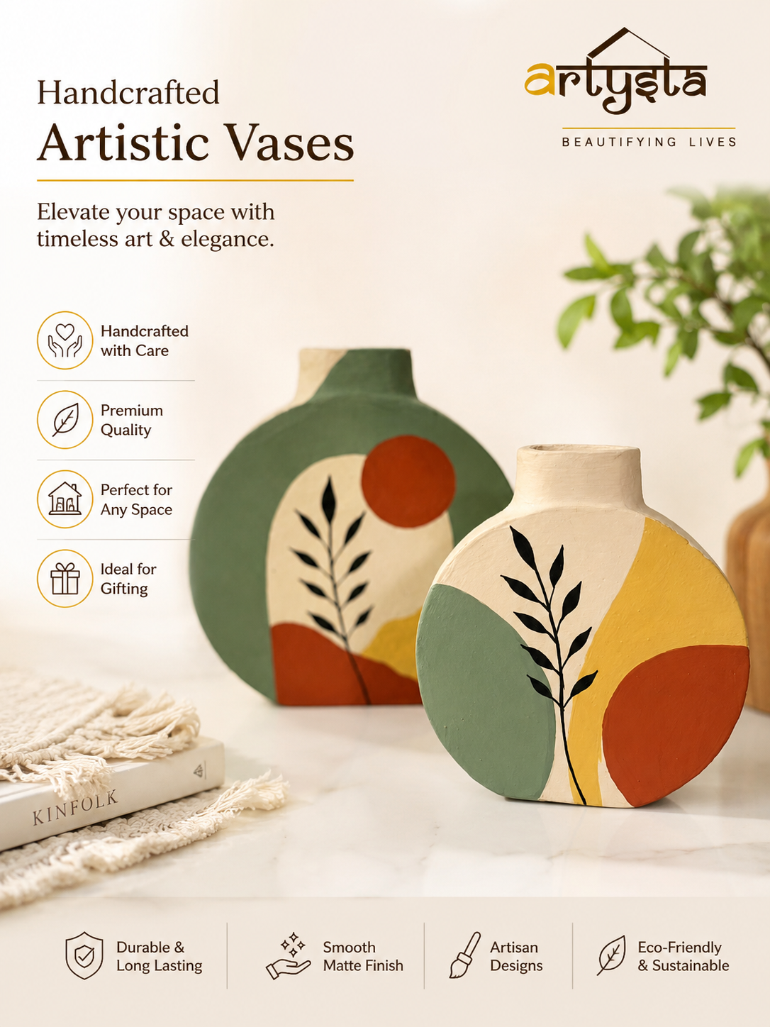 Artysta 'Green Boho Art' Hand-Painted Terracotta Vases Combo (Set of 2)