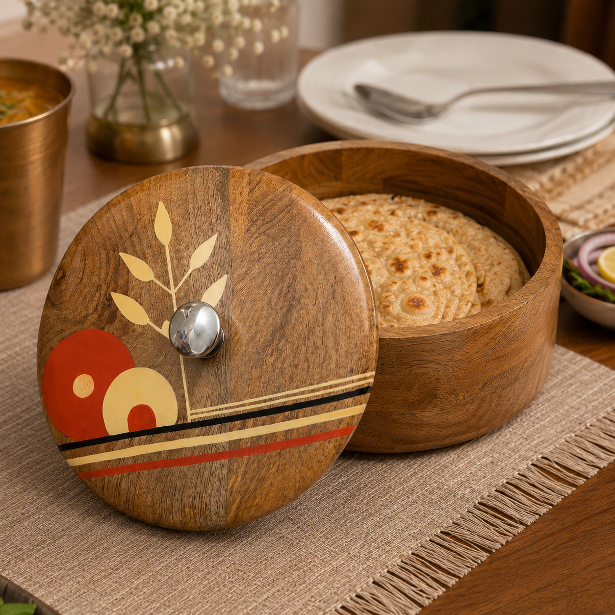 Artysta Handpainted Wooden Chapati Box with Lid (Mango Wood, 8 inch, 1080 ml)