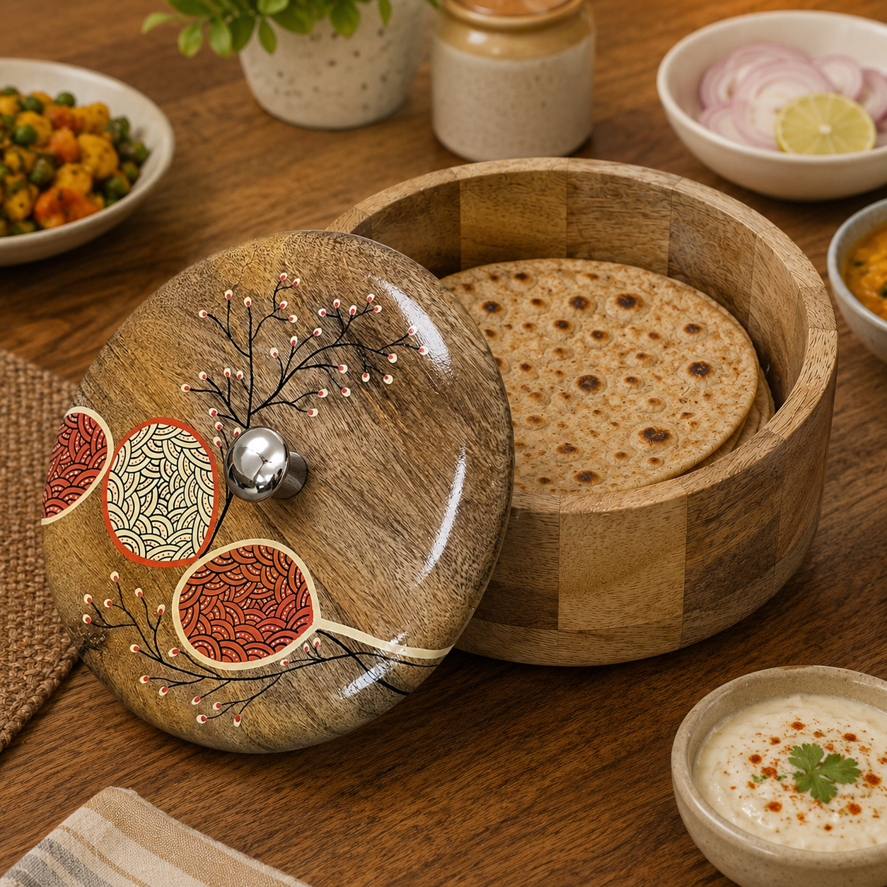 Artysta Handpainted Wooden Chapati Box with Lid (Mango Wood, 8 inch, 1080 ml)