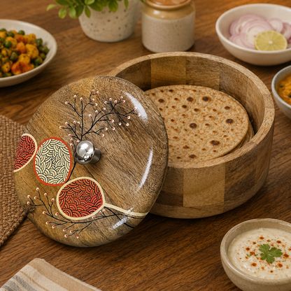 Artysta Handpainted Wooden Chapati Box with Lid (Mango Wood, 8 inch, 1080 ml)