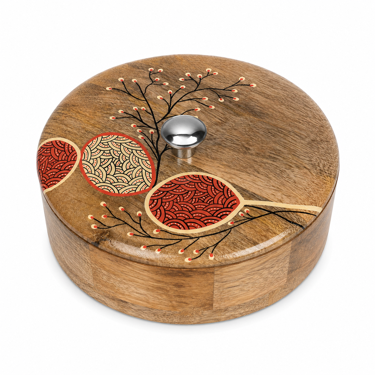 Artysta Handpainted Wooden Chapati Box with Lid (Mango Wood, 8 inch, 1080 ml)