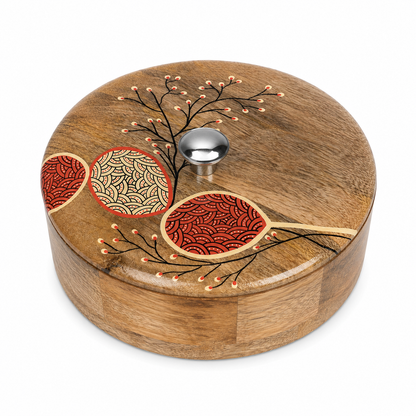 Artysta Handpainted Wooden Chapati Box with Lid (Mango Wood, 8 inch, 1080 ml)