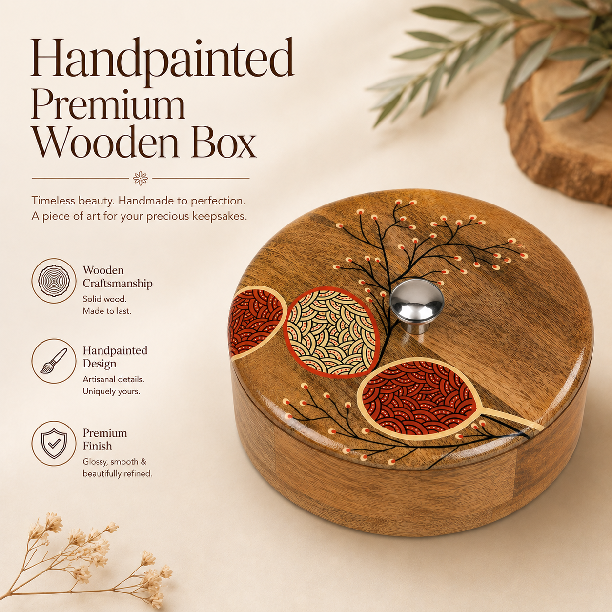 Artysta Handpainted Wooden Chapati Box with Lid (Mango Wood, 8 inch, 1080 ml)