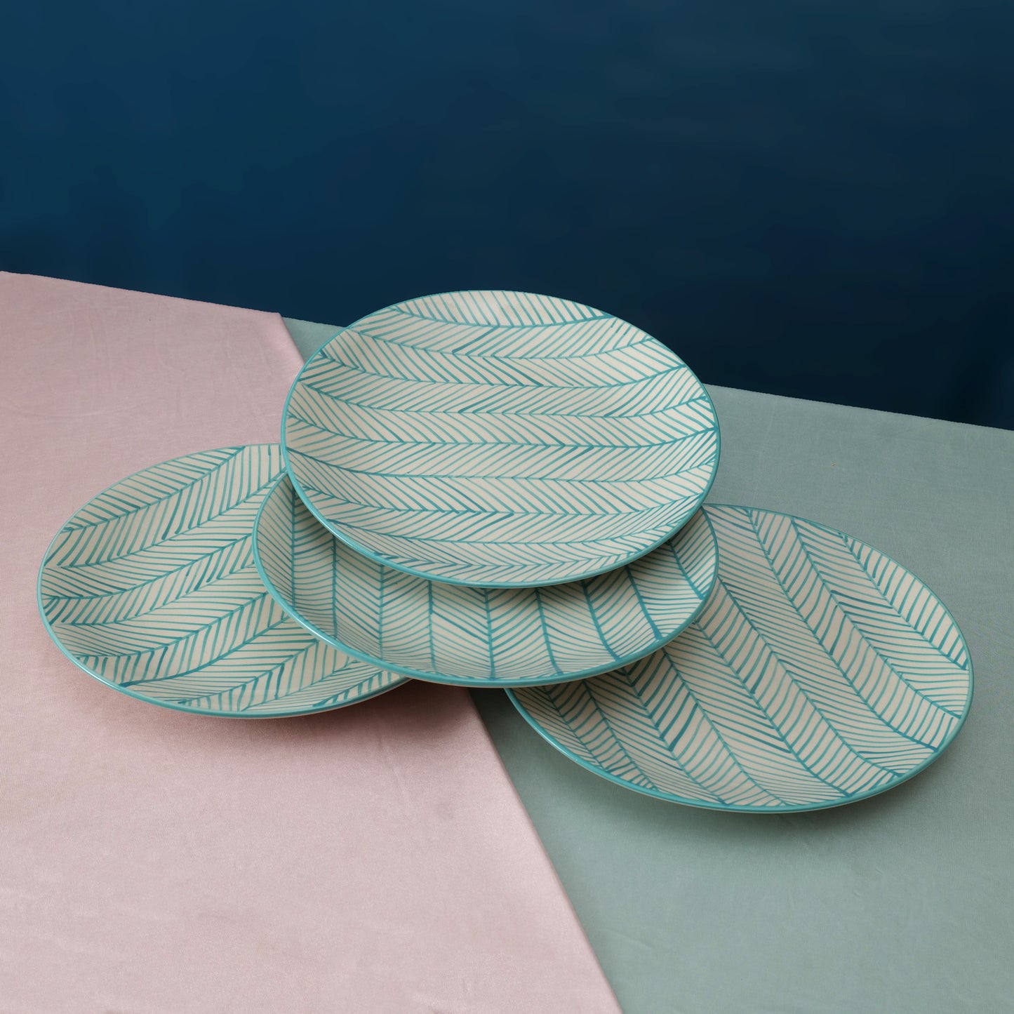 'Green Stripe' White Ceramic Studio Pottery Dinner Plate, 10.2 Inch
