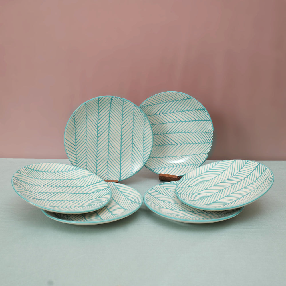'Green Stripe' Ceramic Studio Pottery Side & Quarter Plates 7 Inch