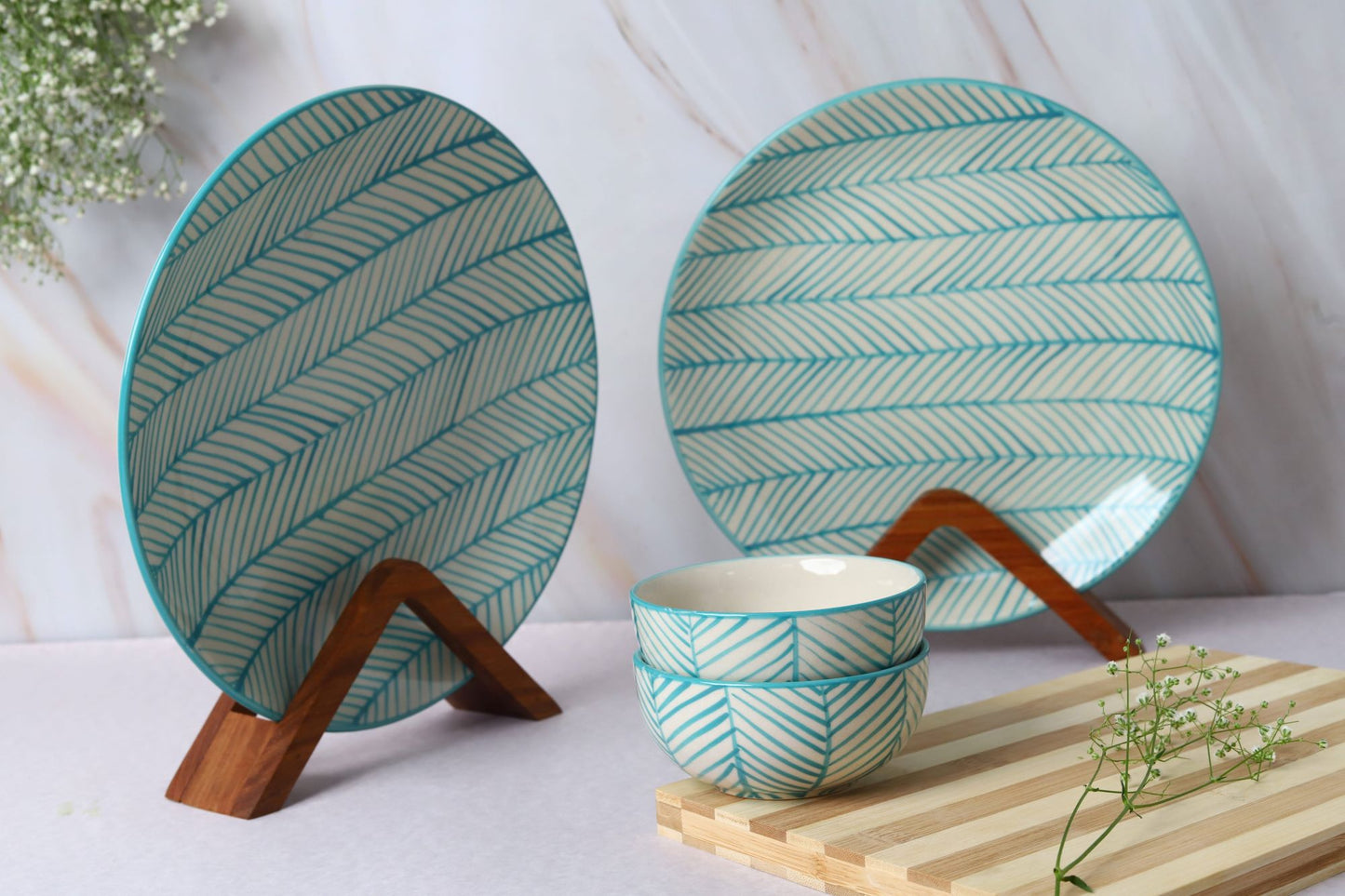 'Green Stripe' Ceramic Dinner Plate and Veg Bowls, Set of 2